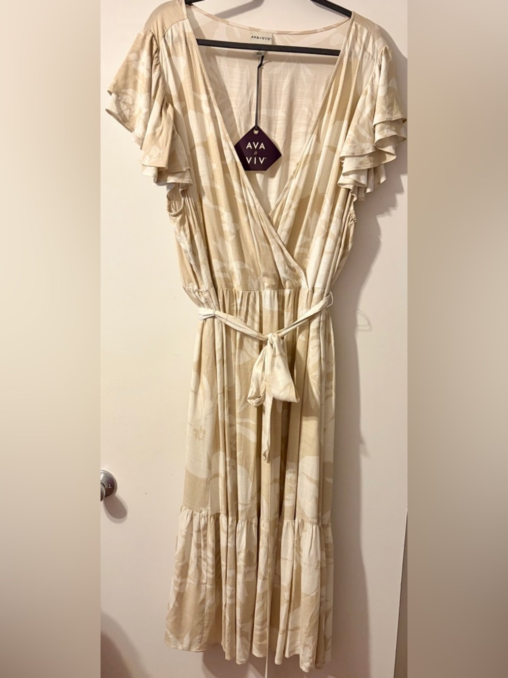 4/$25 Ava & Viv Cream Floral Wrap Maxi Dress with Flutter Sleeves